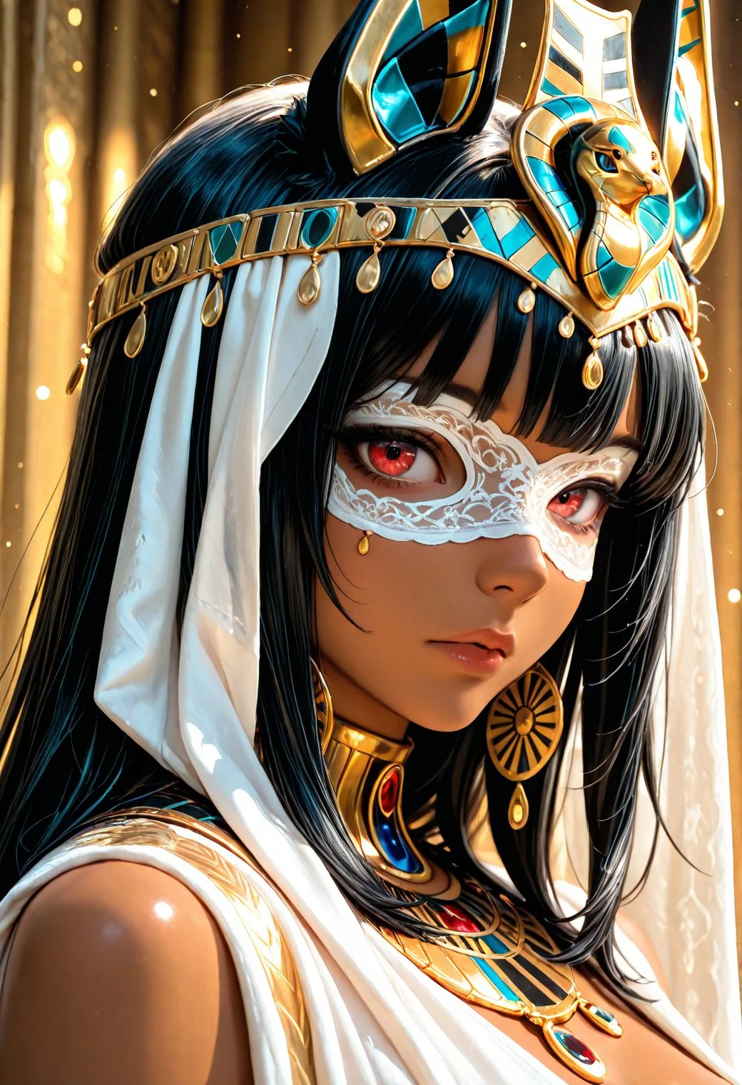 SmoothNoob_Quality, 1girl. a close-up portrait of a woman with a very stylized, ornate egyptian clothing. The subject has a tan skin and full lips, with red eyes. The eyes are covered by an intricately designed see-through white lace blindfold adorned with gold textures and patterns. She wears an egyptian crown with a white richly textured fabric with gold accents, resembling a veil. Her attire includes a robe with gold details and colorful gems, adding to the royal aesthetic. The background is a subtle, light color, enhancing the focus on the subject's elaborate costume and accessories. looking at viewer. black hair. <lora:Smooth_Booster_v3:0.5>