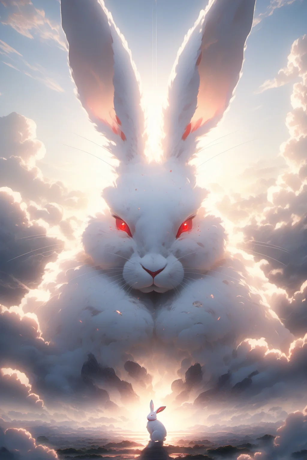 Hyperrealistic art BJ_Sacred_beast, Rabbit, looking_at_viewer, red_eyes, outdoors, sky, cloud, no_humans, animal, cloudy_sky, scenery, rabbit, sun, whiskers, oversized_animal,
cinematic lighting,strong contrast,high level of detail,Best quality,masterpiece,White background,<lora:SDXL_Sacred_beast:0.7>, . Extremely high-resolution details, photographic, realism pushed to extreme, fine texture, incredibly lifelike