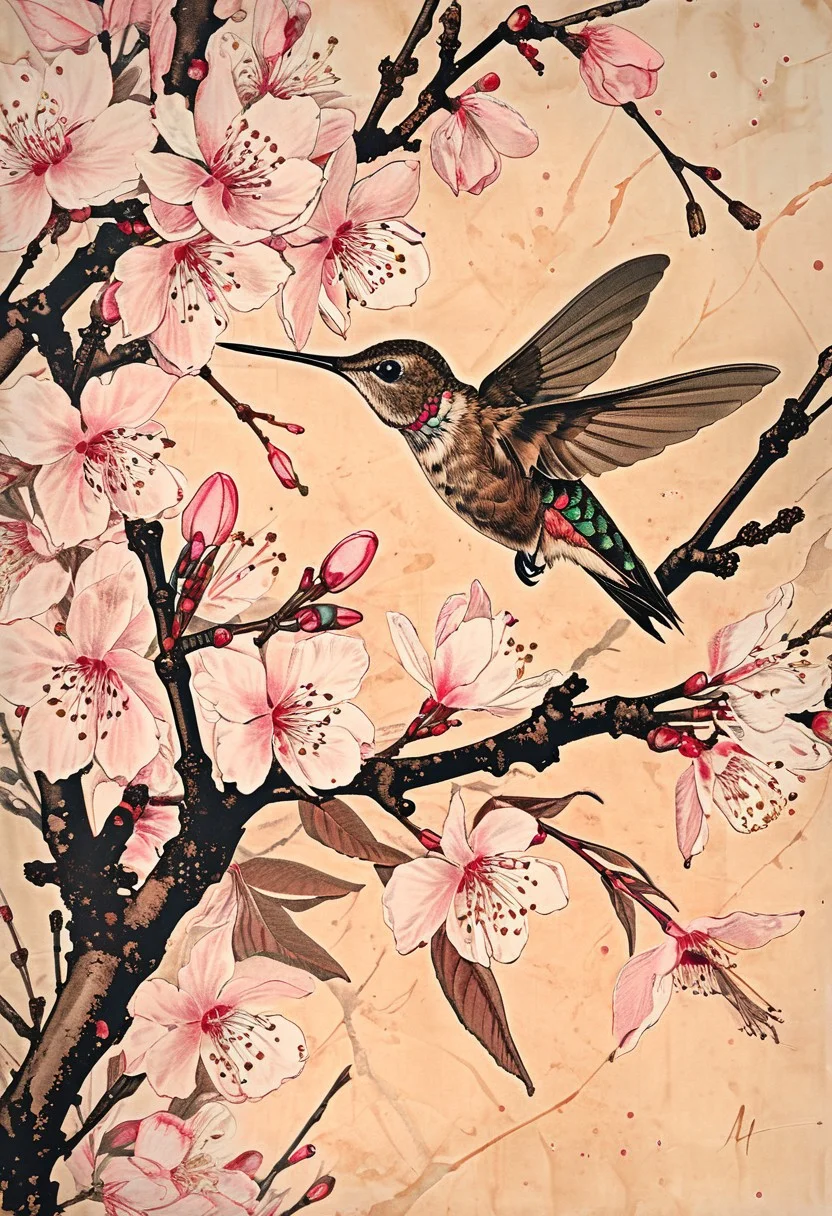 Linquivera, ink illustration, (Anime:0.5), light pink tones, (((very aged dark brown paper))), inkpunk, (((Botanical illustration))), 1hummingbird, cherry blossom, branches, fine lines, will-o'-the-wipe light, overall detail, extremely detailed, UHD, (long exposure, dystopian, but extremely beautiful: 1.4), style by Maria Sibylla Merian, awardwinning, masterpiece