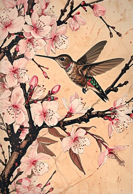 Linquivera, ink illustration, (Anime:0.5), light pink tones, (((very aged dark brown paper))), inkpunk, (((Botanical illustration))), 1hummingbird, cherry blossom, branches, fine lines, will-o'-the-wipe light, overall detail, extremely detailed, UHD, (long exposure, dystopian, but extremely beautiful: 1.4), style by  Maria Sibylla Merian, awardwinning, masterpiece