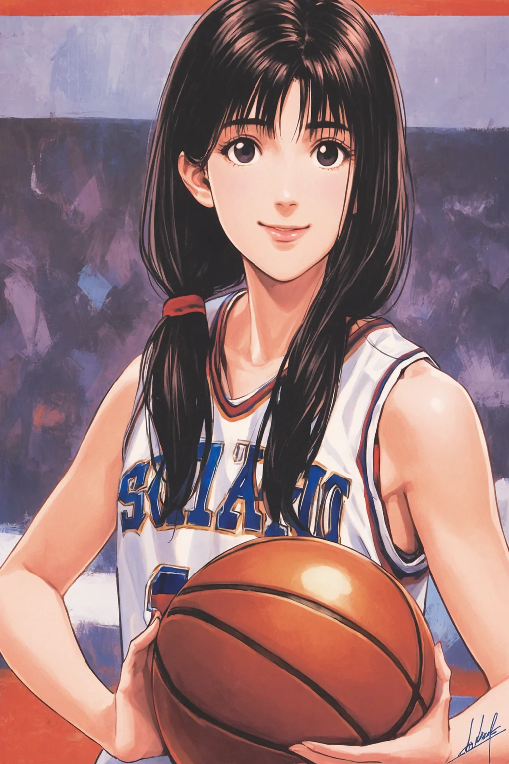 Haruko Akagi,1girl,basketball,solo,basketball uniform,holding,smile,long hair,looking at viewer,holding ball,black hair,signature,black eyes,ball,<lora:Inoue Takehiko_XL:0.8>