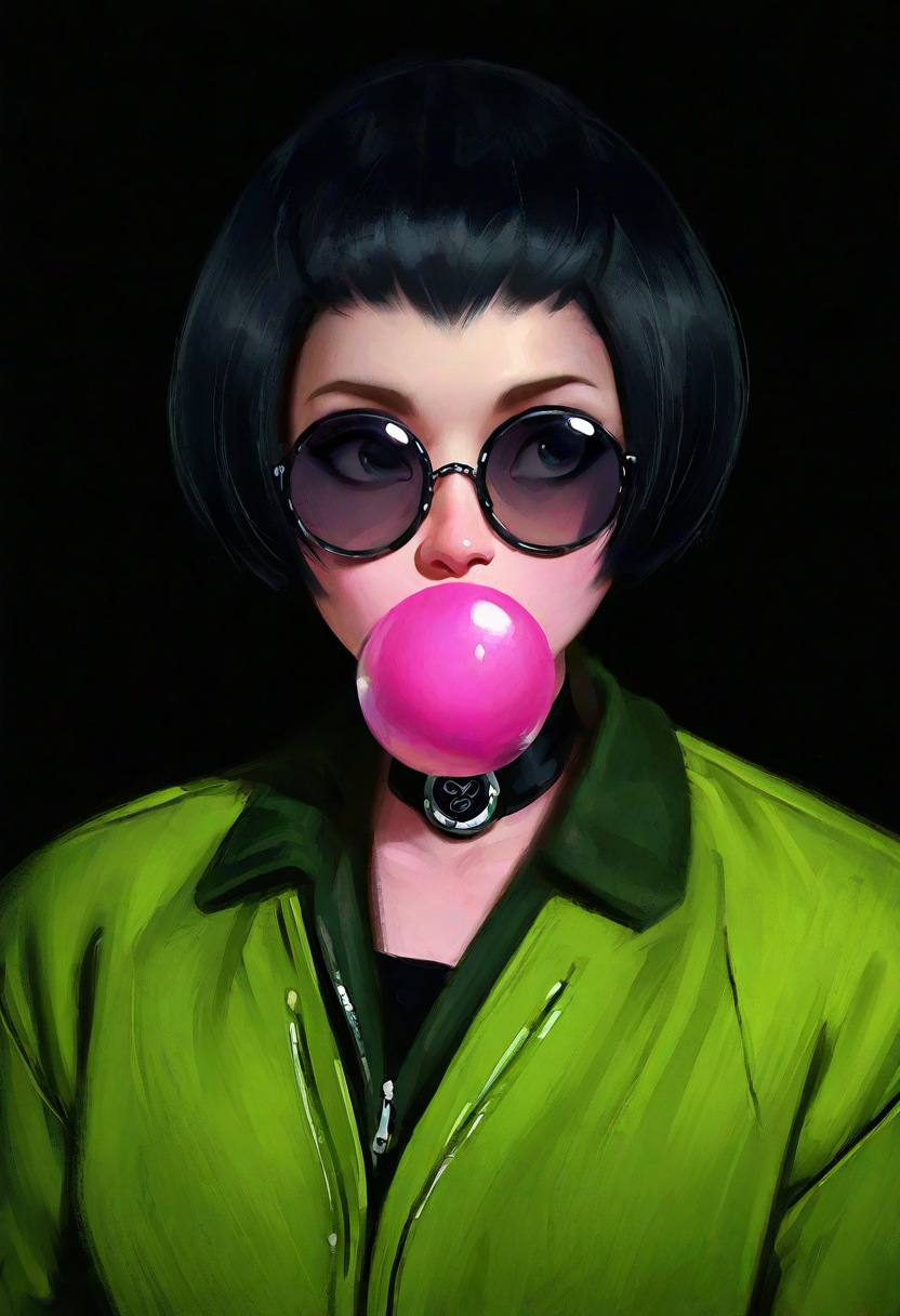 zeb1jy,  masterpiece, semi-realism,  best quality, solo,                                  mathilda from leon, green jacket, black round sun glasses, choker, (bobcut:1.1),  blowing bubblegum, facing viewer,