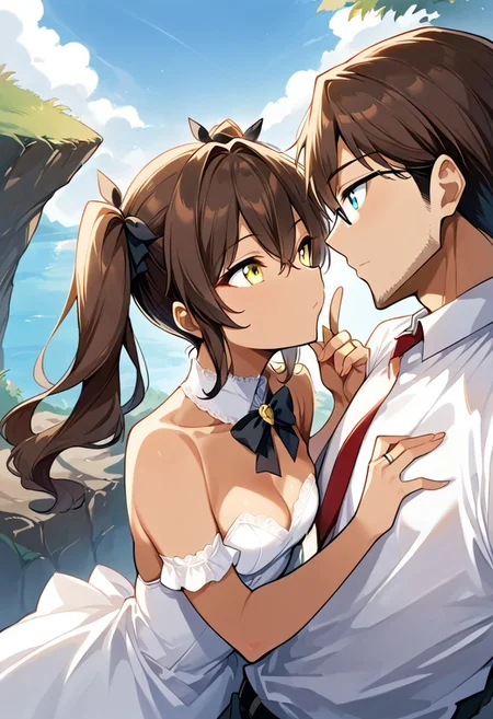 score_9, score_8_up, score_7_up, score_6_up, score_5_up, score_4_up, highres, 1boy, 1girl, l1l1ana marrying 43r0n,
BREAK
1girl, l1l1ana, brown hair, yellow eyes, twintails, black ribbons,
BREAK
1boy, 43r0n, brown hair, blue eyes,
BREAK
wedding dress, black wedding suit, happy, kissing, golden ring, ring finger, ring on finger, outside, cliff edge, wedding scene, flower arch, source_anime, ntm,