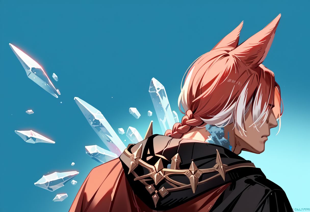 crystalexarchdskffxiv, 1boy, male focus, animal ears, solo, miqo'te, red hair, cat ears, multicolored hair, hood down, short hair, hood, upper body, hooded robe, crystal, from behind, black robe, braid,  white hair, two-tone hair, hand up, blue background, robe, single braid, from side, short ponytail, braided ponytail, , realistic, PonyXLV6_Scores zPDXL