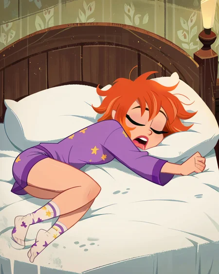 score_9, score_8_up, score_7_up, score_6_up, score_5_up, score_4_up, implied, source anime, 1 girl, DCSG Style, BabsG, BabsG Normal, Orange Hair, pajamas, socks, messy hair, drool, snoring, KTFO, asleep, indoor, bedroom, on bed, nighttime, <lora:K.O._Down_for_the_count:.6> <lora:DC_Superhero_Girls_2019:.8>, ZPDXL2, <lora:more_details:3> <lora:xl_more_art-full_v1:1> <lora:ugly_style:-1>
