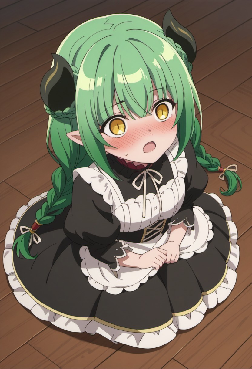 score_9, score_8_up, score_7_up, source_anime, valefor, green hair, long hair, yellow eyes, braid, demon horns, 1girl, solo, horns, blush, wooden floor, pointy ears, twin braids, dress, black dress, puffy sleeves, open mouth, shirt