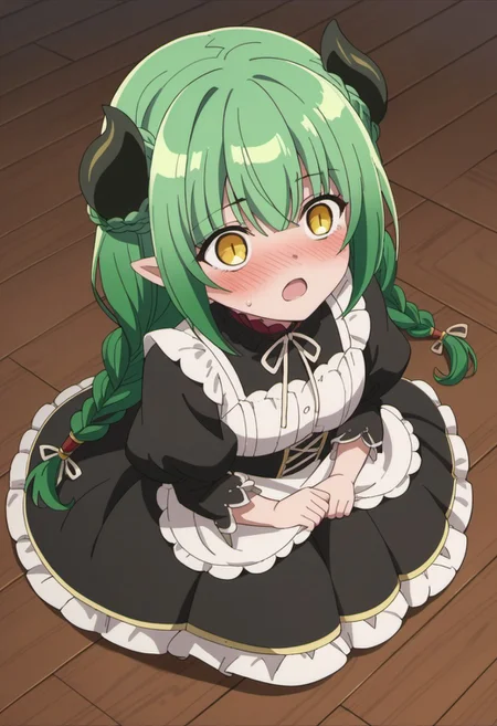 score_9, score_8_up, score_7_up, source_anime, valefor, green hair, long hair, yellow eyes, braid, demon horns, 1girl, solo, horns, blush, wooden floor, pointy ears, twin braids, dress, black dress, puffy sleeves, open mouth, shirt