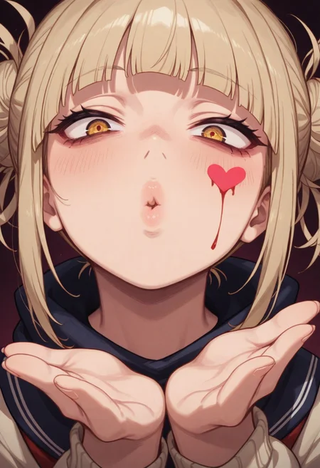 masterpiece, by piaki, best quality, very detailed,
1 girl, Toga Himiko, blonde hair, crazy eyes, insane, fully clothed,
indoor, bedroom,
Close-up, mouth focus, very close-up, blood on face, extremly close-up, looking at viewer,
blowing kiss, heart, puckered lips, o3o