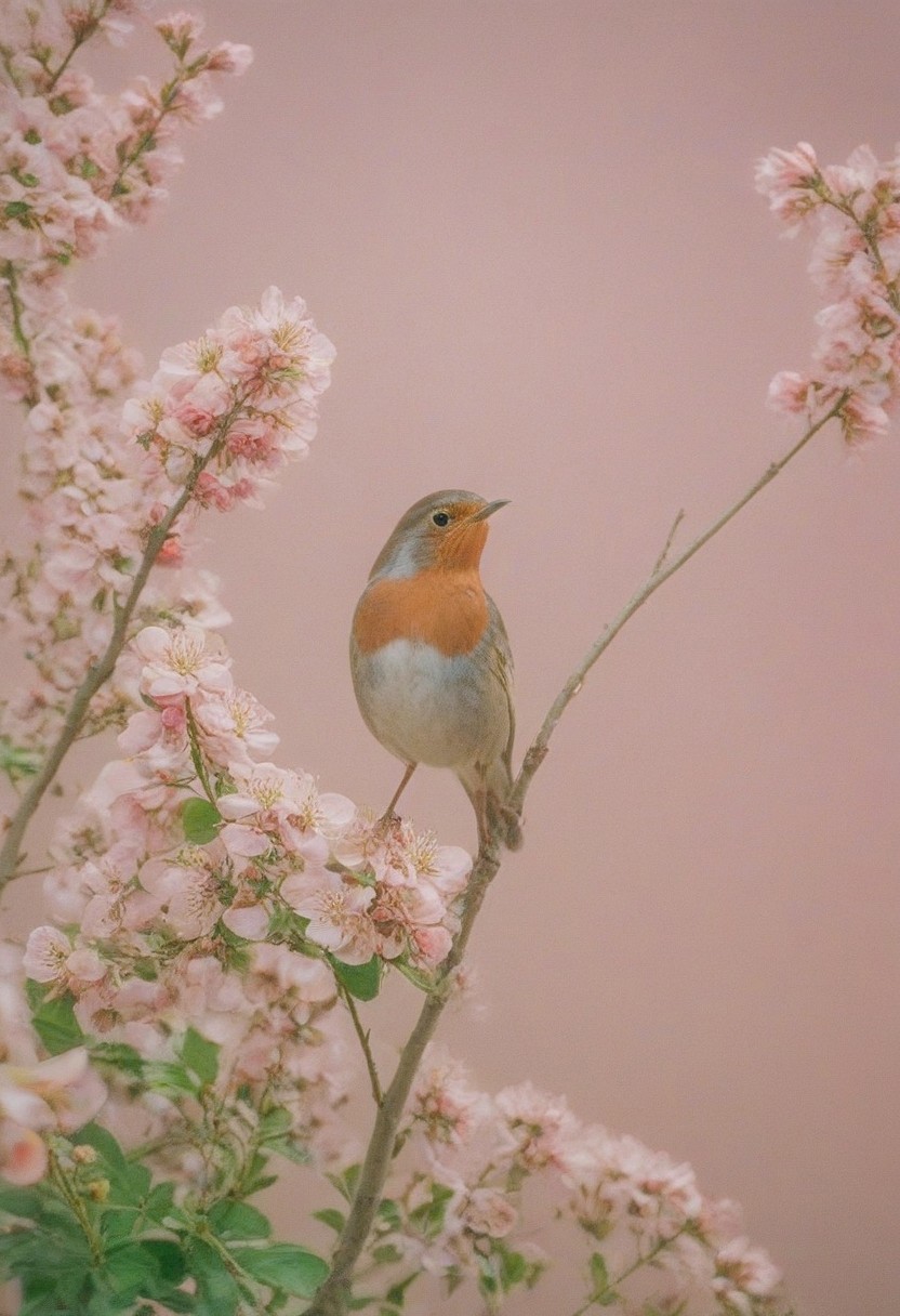 image of a robin bird perched on a delicate branch adorned with blooming flowers. The background should be a soft, light pink hue, giving the scene a serene and gentle atmosphere. The robin, with its vibrant red breast and brownish-gray feathers, should be the focal point, with its bright eyes and small beak adding to its charm. The flowers on the branch can be a mix of pastel colors, complementing the pink background, and adding a sense of freshness and springtime beauty to the composition. film photography style, light grain, medium grain, heavy grain, a photo, in the style of jimmy-marble