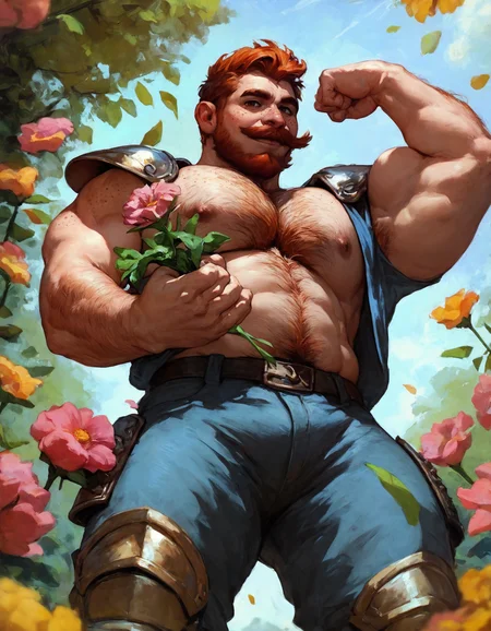 score_9, score_8_up, score_7_up, solo, male focus, mature male, muscular male, mustache, freckles, brown eyes, charming, <3, flexing bicep, beard,  holding flowers, falling flowers, colorful,   outdoors, armor, hairy,   looking at viewer, big pecs, open shirt, pants,   upper body, short hair, ginger hair,  closed smile, low-angle view, standing   <lora:last:0.86>