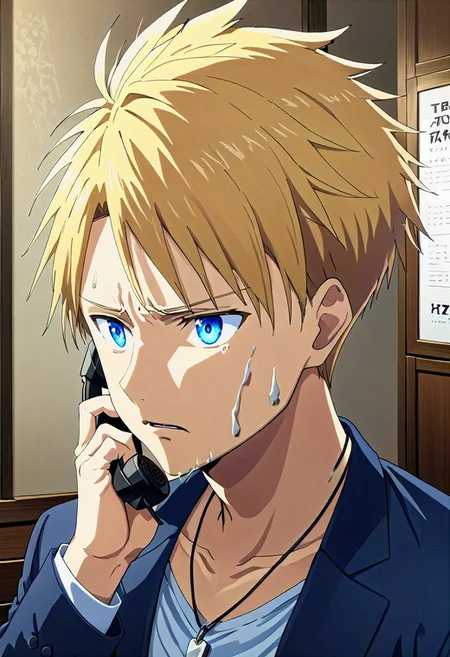 high resolution, solo, best quality, 1Boy, Yamato Ishida, Blonde Hair, Blue Eyes, Necklace, Ransom, phone call, threat, urgency,