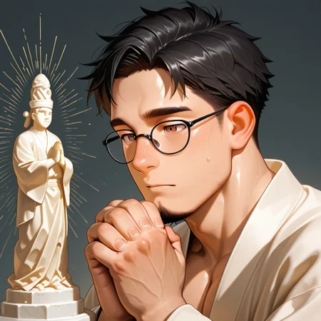 masterpiece, best quality, amazing quality, absurdres, newest, detailed background, definition so sharp, Ultra-HD, 8K cinematic, very awa, impressionate, amazing quality, highres, 
solo, male focus, manly, shadow, shiny skin, pastel colors, warm color, delightful,
a praying statue, glass shard, BREAK ettaphyl (1boy, bara, short hair, black hair, brown eyes, glasses, goatee,), extream close-up, robe made of cabbage, cjdl, vegetable, cabbages