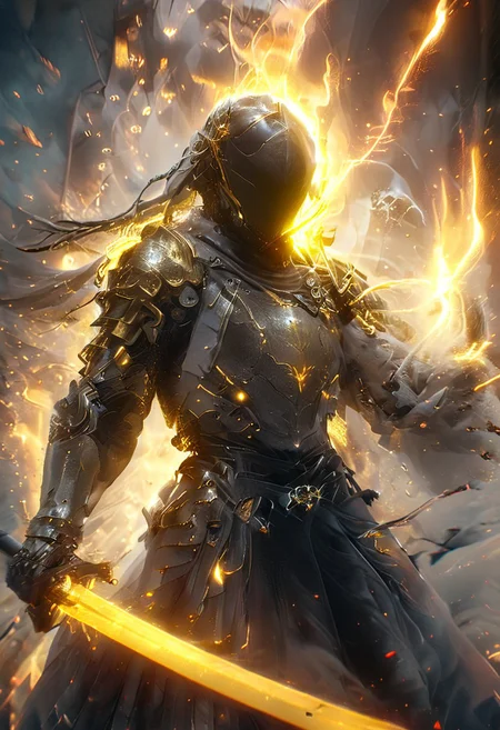 1man, Cyborg Samuraii in golden samurai armor, wearing samurai helmet and armor,  golden fire, wielding dual swords:1.2, brave perspective, reflection, glowing golden fire, golden lightning shatter, , glowing sword, motion blur, emphasis line, outdoor in the darkness, looking at viewer, katanas