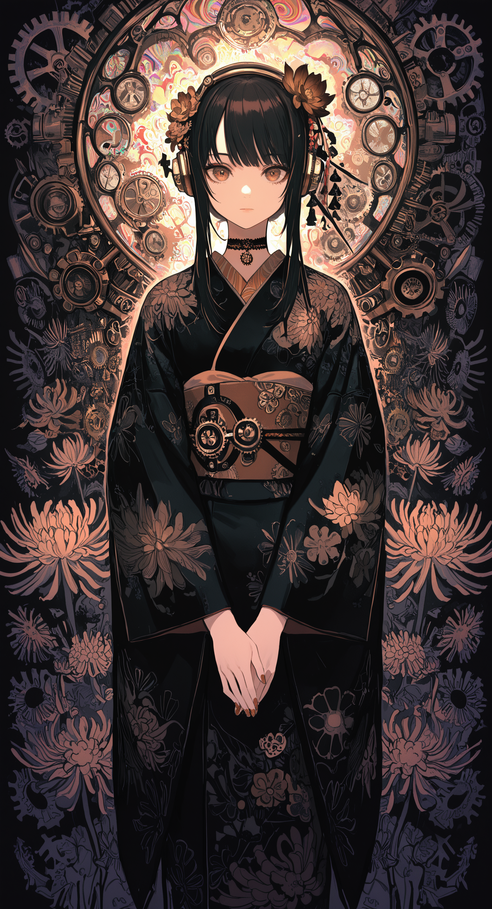 masterpiece, best quality, good quality, very awa, newest, highres, absurdres, 1girl, solo, looking at viewer, black hair, long sleeves, hair ornament, closed mouth, brown eyes, standing, flower, sidelocks, japanese clothes, choker, hair flower, wide sleeves, kimono, nail polish, sash, expressionless, headphones, floral print, obi, own hands together, short hair with long locks, v arms, straight-on, print kimono, black kimono, gears, kanzashi, steampunk, chrysanthemum, brown flower, limited palette, sketch, glowing, psychedelic, <lora:illustriousXL_stabilizer_v1.23:0.3> <lora:NOOB_vp1_detailer_by_volnovik_v1:0.3> <lora:ponyv6_noobE11_2_adamW-000017:0.3> <lora:114558v4df2fsdf5:0.7> <lora:mon_monmon2133:0.6>