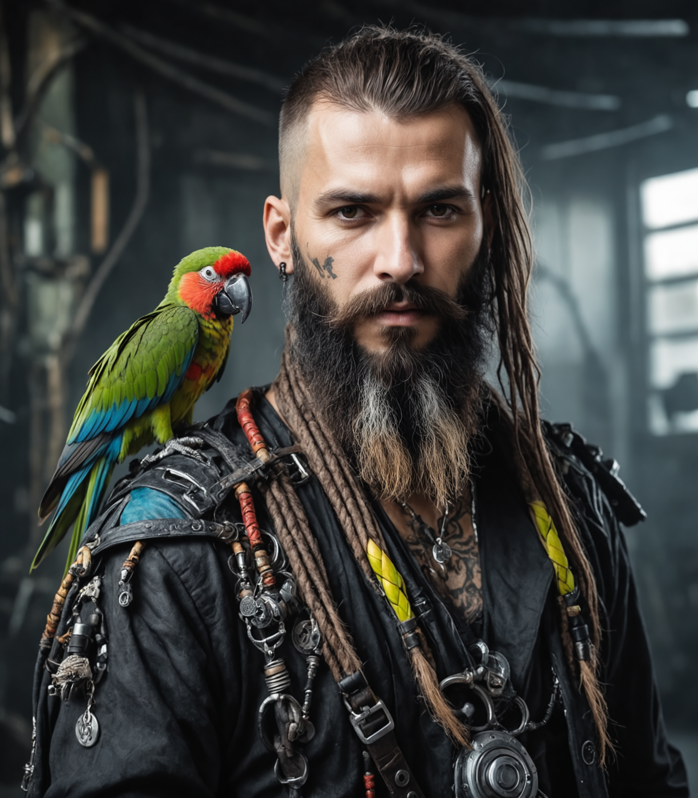 face portrait of a cyberpunk pirate woth a parrot on his shoulders, long beard, best quality