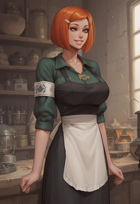 score_9, score_8_up, score_7_up, score_6_up, cowboy shot, masterpiece, high quality, solo focus, smiling, SOCAlexia, 1girl, red hair, short hair, jewelry, necklace, green eyes, lips, large breasts, orange hair, collarbone, AlexiaLibrarian, hair ornament, hairclip, armband, shirt, bob cut, green shirt, dress, uniform, long sleeves, apron, black dress, white apron, waist apron,
BREAK,