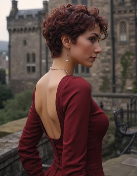 a elegant woman posing,Short curly pixie cut,Maroon,side-profile,Edinburgh Castle Scotland,elegant highly detailed digital painting artstation concept art smooth sharp focus,Cinestill 50,back-light,<lora:real-lora:1>