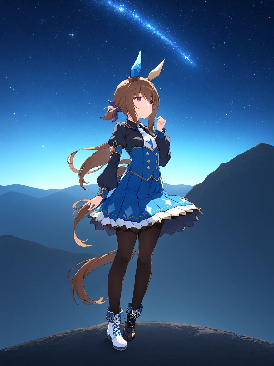 (masterpiece),(highest quality),highres,(an extremely delicate and beautiful),(extremely detailed), solo, Admire Vega \(umamusume\) wears hair ribbon, single ear cover, collared black shirt, white necktie, layered juliet sleeves, puffy long sleeves, blue dress, buttons, corset, pleated skirt, white skirt, black pantyhose, white footwear, black footwear, mismatched footwear, asymmetrical footwear. she stands at top of hill. starry night and starfalls are around. she looks to the side.
<lora:UmaDiffusionXL-768x1024:1>