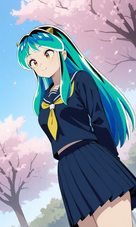 (masterpiece), (best quality), newest, (intricate details, very aesthetic), good hands, 1girl,  <lora:Lum-animagineV2:1>, lumxl, lum,  long hair, green hair, aqua hair, multicolored hair, cone horns, serafuku, school uniform, blue shirt, long sleeves, blue skirt, pleated skirt, yellow neckerchief, sailor collar, blue sky, cherry blossoms, tree, light smile, arms behind back, dutch angle,