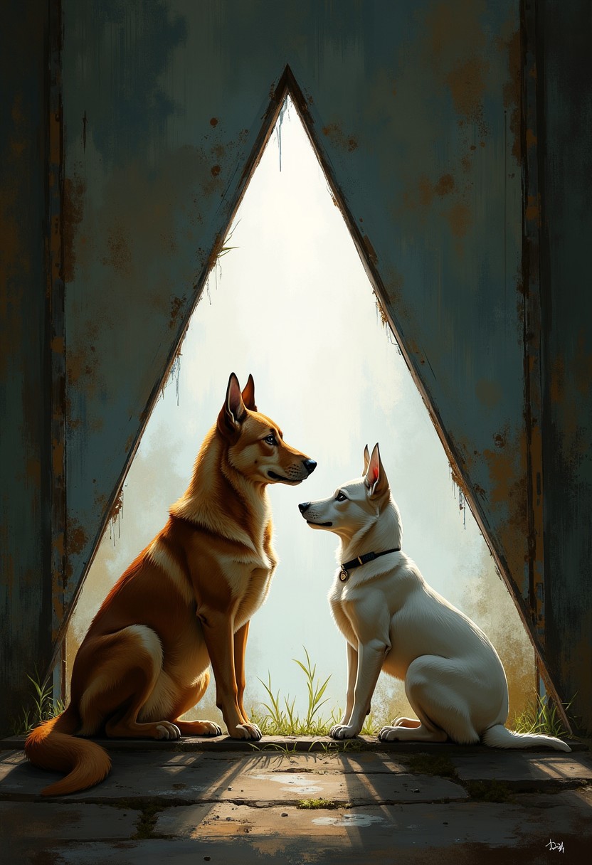 Create an image that only uses triangle forms. Incorporate animals. The composition should feel haphazard and raw, evoking odd charm. Atmospheric light.