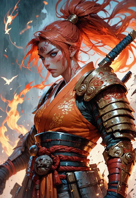 score_9, score_8_up, score_7_up, score_6_up, score_5_up, score_4_up,<lora:Fant5yP0ny:0.8>, fiery samurai woman in armor standing in a battlefield,armor,ponytail,japanese,fantasy,solo focus,epic