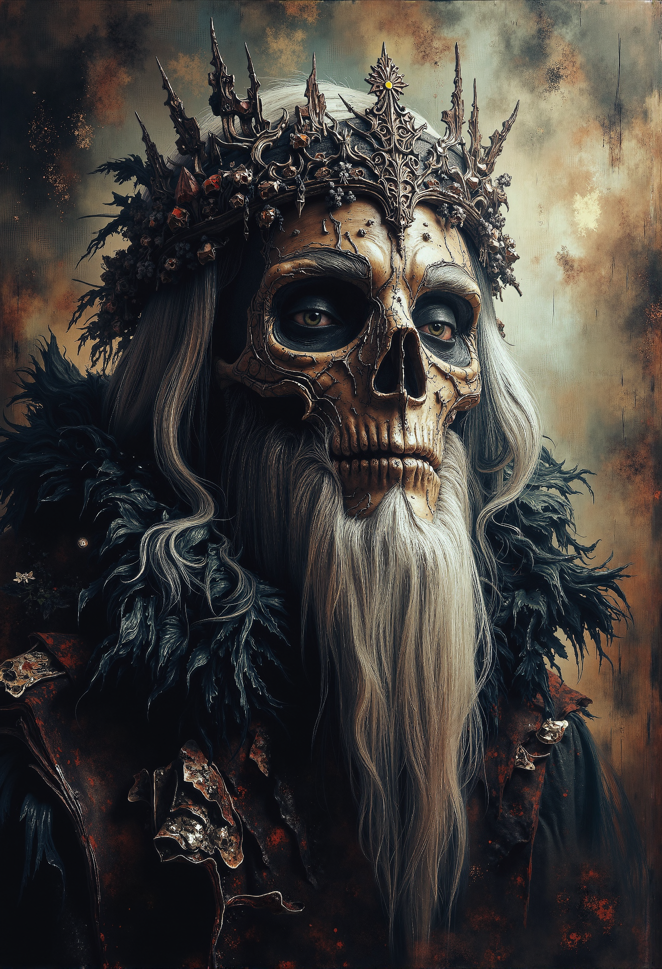 Abstract painting by Zdzislaw Beksinski. A chilling portrait of a blind necromancer, his face marked by scars that tell the tale of countless dark rituals. His eyes are clouded and glassy, devoid of life, staring into the void with an expression of utter emptiness. His long, smooth white hair cascades down, intricately decorated with bones and black feathers, adding to his ominous presence. A crown made of jagged bone fragments rests atop his head, a symbol of his mastery over death. His gaunt face is emotionless, with deep lines etched into his skin, reflecting a lifetime of communion with the dead. The background is a swirling haze of dark, muted colors, enhancing the necromancerâs aura of dread and power, as if he is a vessel of ancient, forbidden knowledge. deep depth of field, photography, Natural geographic photo, Hyper-realistic, 16k resolution, (masterpiece, award winning artwork), many details, extreme detailed, full of details, Wide range of colors, high Dynamic, <lora:aidmaMJ6.1-FLUX-V0.1.safetensors:1.0>, <lora:Elden_Ring_-_Yoshitaka_Amano.safetensors:1.0>,   <lora:svgvrs_flx_EliPot.safetensors:0.5>,  <lora:ARTifacts.safetensors:0.5>,