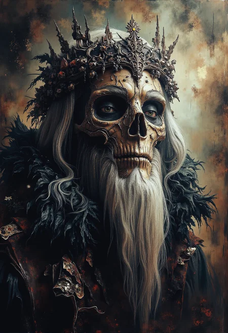 Abstract painting by Zdzislaw Beksinski. A chilling portrait of a blind necromancer, his face marked by scars that tell the tale of countless dark rituals. His eyes are clouded and glassy, devoid of life, staring into the void with an expression of utter emptiness. His long, smooth white hair cascades down, intricately decorated with bones and black feathers, adding to his ominous presence. A crown made of jagged bone fragments rests atop his head, a symbol of his mastery over death. His gaunt face is emotionless, with deep lines etched into his skin, reflecting a lifetime of communion with the dead. The background is a swirling haze of dark, muted colors, enhancing the necromancerâs aura of dread and power, as if he is a vessel of ancient, forbidden knowledge. deep depth of field, photography, Natural geographic photo, Hyper-realistic, 16k resolution, (masterpiece, award winning artwork), many details, extreme detailed, full of details, Wide range of colors, high Dynamic, <lora:aidmaMJ6.1-FLUX-V0.1.safetensors:1.0>, <lora:Elden_Ring_-_Yoshitaka_Amano.safetensors:1.0>, <lora:svgvrs_flx_EliPot.safetensors:0.5>, <lora:ARTifacts.safetensors:0.5>,