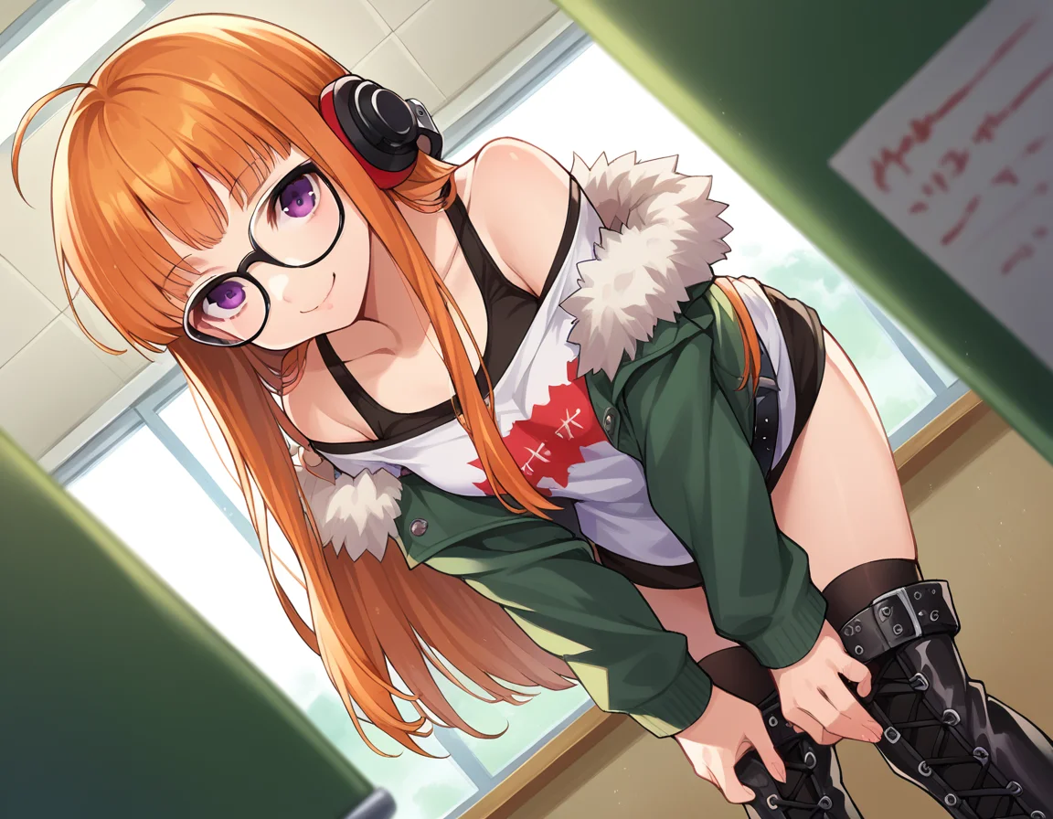 score_9, score_8_up, score_7_up, source_anime,
futabasakura, <lora:futaba-sakura-ponyxl-lora-nochekaiser:1>,
futaba sakura, orange hair, long hair, purple eyes, ahoge,
behind-the-head headphones, glasses, belt boots, black footwear, black thighhighs, cross-laced footwear, fur trim, fur-trimmed jacket, green jacket, headphones, jacket, knee boots, lace-up boots, off shoulder, off-shoulder shirt, shirt, t-shirt, thighhighs, thighhighs under boots,
indoors, classroom, bent over, smile,
looking at viewer, cowboy shot, dutch angle,