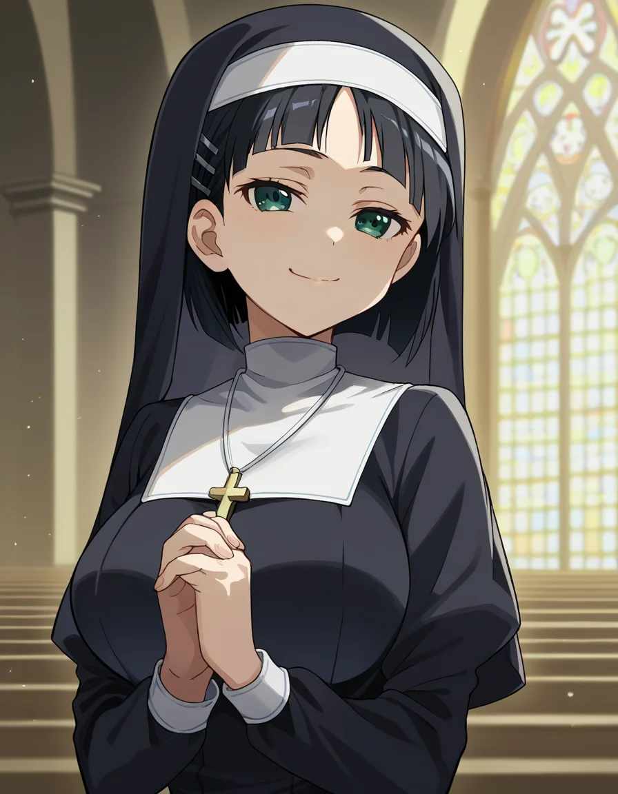 score_9, score_8_up, score_7_up, source_anime, suguhakirigaya, <lora:suguha-kirigaya-s1-ponyxl-lora-nochekaiser:1>, suguha kirigaya, short hair, black hair, hair ornament, hairclip, green eyes, large breasts,, <lora:traditional-nun-ponyxl-lora-nochekaiser:1>, traditional nun, nun, habit, long sleeves, dress, black dress, jewelry, black veil, cross, cross necklace,, church, smug, praying,, cowboy shot