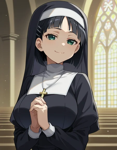 score_9, score_8_up, score_7_up, source_anime, suguhakirigaya, <lora:suguha-kirigaya-s1-ponyxl-lora-nochekaiser:1>, suguha kirigaya, short hair, black hair, hair ornament, hairclip, green eyes, large breasts,, <lora:traditional-nun-ponyxl-lora-nochekaiser:1>, traditional nun, nun, habit, long sleeves, dress, black dress, jewelry, black veil, cross, cross necklace,, church, smug, praying,, cowboy shot
