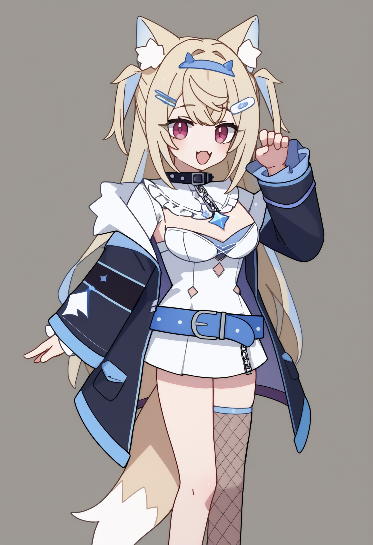 score_9, score_7_up, <break> simple background, gradient background, solo, 1girl, FuwawaBase, happy, open mouth, looking at you, standing, paw pose, long hair, two side up, streaked hair, hairband, hairclip, tail, black collar, chain, white dress, short dress, detached collar, frilled shirt collar, clothing cutout, black jacket, fur-trimmed jacket, blue belt, single thighhigh, fishnet thighhighs, white sneakers
 <segment:yolo-face_yolov8m.pt,0.4,0.5//cid=1>
