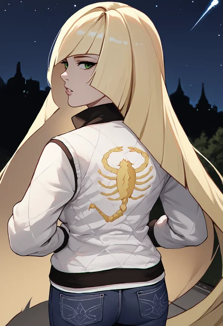score_9, score_8_up, score_7_up, source_anime BREAK 1girl, solo, <lora:lusamine-pokemon-richy-v1_pdxl:1> lsmnrnd, green eyes, blonde hair, very long hair, bangs, breasts, <lora:drivejacket-outfit-richy-v1_pdxl:1> print jacket, white jacket, from behind, jeans, outdoors, dark, darkness, black sky, night sky, black background, looking back, looking at viewer, parted lips