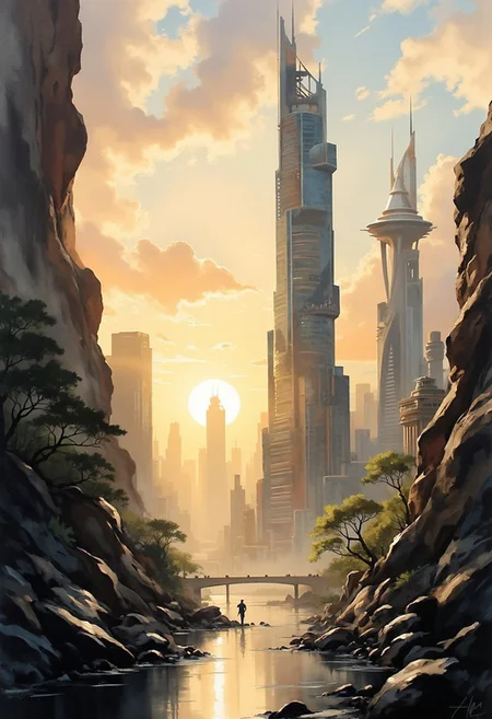 A dinkfsn style ink wash painting, in the style of ck-mgs, inkwash of an advanced sci-fi cityscape, with gleaming towers and skyscrapers, clear sky, sunset, golden hour