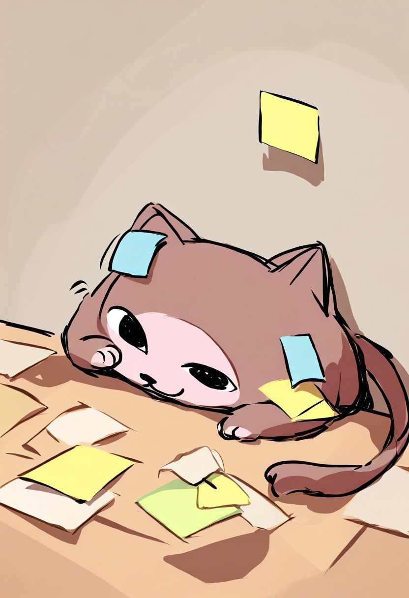 SK3, simple sketch, sharp shadows, a cute cat covered with sticky notes, Jed-StickyN, cute, kawaii