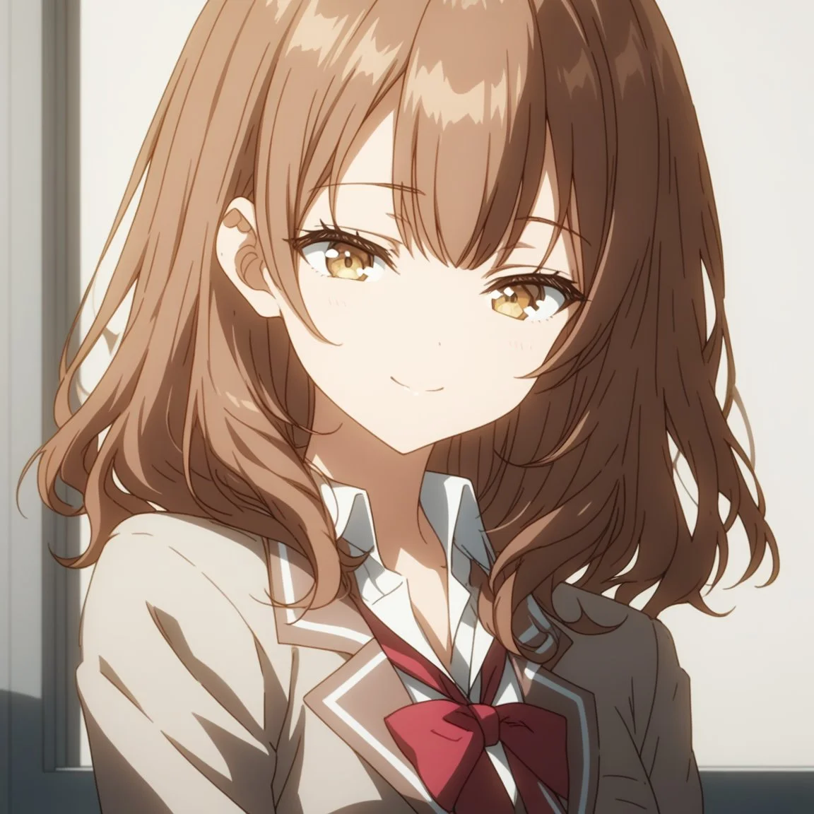 1girl, solo, <lora:Maria_Mikhailovna_Kujou_Masha:1>, best quality, brown hair, golden eyes,school uniform with a white blouse, soft smile, <lora:GLSHS:0.8>