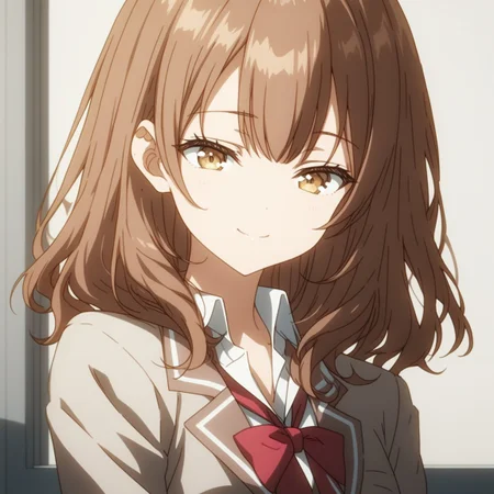 1girl, solo, <lora:Maria_Mikhailovna_Kujou_Masha:1>, best quality, brown hair, golden eyes,school uniform with a white blouse, soft smile, <lora:GLSHS:0.8>