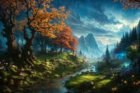 <lora:FantasyLandscape:1>, FanLan, forest, sky, small river, cute fairy , night, soft light, flowers, tress , rock, high mountain, valley , cloud,
(masterpiece:1.2), (best quality,:1.2), 8k, HDR, ultra detailed, ((photorealistic)), professional light, cinematic lighting, fashion photography, ambient lighting, fantasy,