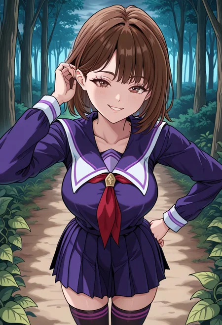 bright colors, detailed background,, volumetric light, vivid colours, standing,
looking at viewer, outdoors, overcast, dark, forest, vines, ponypositive, solo, solo focus, open hand on hip, hand adjusting hair behind ear, single eyebrow lifted, smirk,
ioriyoshRL, 1woman, solo, brown hair, brown eyes, standing, smile, thighhighs, school uniform, purple serafuku,
best quality, hyper detailed, ambient stylish expressive lighting, absolutely eye-catching masterpiece, body extremely close-up view, (facing viewer), forward, face extremely close-up shot, chest focus, selfie,
