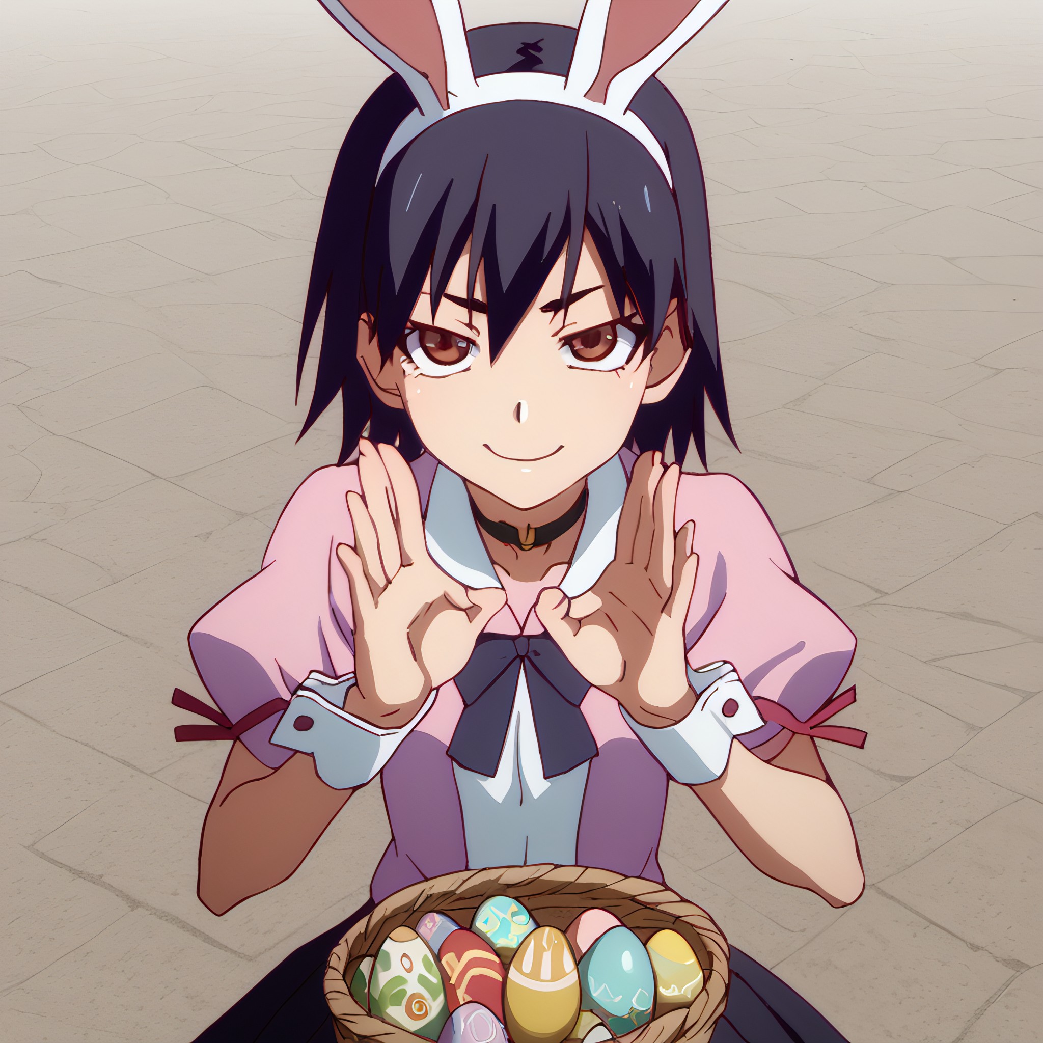 (score_9, score_8_up, score_7_up), 1girl, semi-transparent bunny bodysuit, decorative wrist cuffs, choker collar, happy easter, solo, easter egg, easter, egg, decorated egg basket, rabbit, playful pose with egg, delighted face, flower meadow, Expressiveh, Suruga Kanbaru, Suruga, short hair, black hair, brown eyes, school uniform,