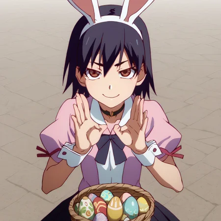 (score_9, score_8_up, score_7_up), 1girl, semi-transparent bunny bodysuit, decorative wrist cuffs, choker collar, happy easter, solo, easter egg, easter, egg, decorated egg basket, rabbit, playful pose with egg, delighted face, flower meadow, Expressiveh, Suruga Kanbaru, Suruga, short hair, black hair, brown eyes, school uniform,