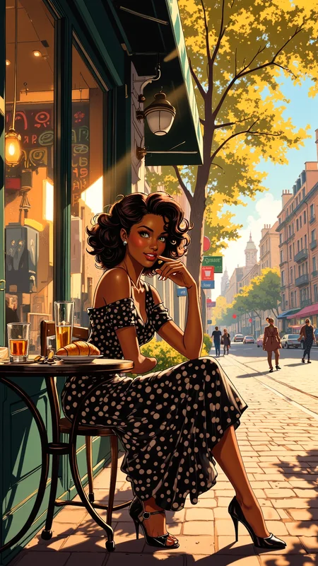 High-resolution anime-style illustration with painterly textures, cinematic natural lighting, and a lively, sunlit atmosphere. A stylish young woman with deep brown skin sits elegantly at a small café table on a bustling city sidewalk, her black-and-white polka dot dress flowing gently in the warm afternoon breeze. Her voluminous, curly dark hair is styled into a chic updo, a few curls framing her radiant face. Her eyes gleam with quiet confidence, a playful smirk on her lips as she watches passersby. Golden sunlight filters through the leaves of a nearby tree, casting dappled shadows onto the cobblestone pavement and reflecting off the glass café windows. A half-eaten croissant rests on a small plate beside her, a pair of sunglasses casually placed next to it. The painterly textures blend warm ochres, soft pastels, and deep browns, enhancing the inviting, nostalgic charm of a quiet afternoon in the city <lora:Anime_Art_V3:0.5> <lora:Vintage_comic_book:0.7000000000000001> <lora:Ayanna_Sketch_Style-000001:0.5>