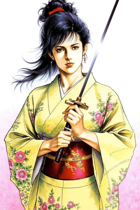1keryo illustration.
A woman holding a long, slender Japanese katana sword She has dark hair styled in a high, messy bun adorned with a single red hairpin. She is dressed in a traditional yellow Japanese kimono with pink and green floral patterns. <lora:1keryo1_cap_d6a3e12:1.0><lora:826546695254023202:0>