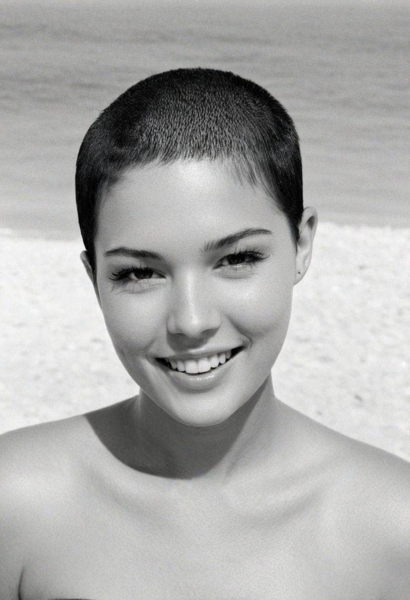 young woman, 18 years old, smirking, half body shot, ((overhead shot)), <lora:A_SHort_Cut_v3_SDXL:1.2>, (very short hair:1.2), (buzz cut:1.2), black hair, face the camera, looking at viewer, monochrome, sharp contrasts, tropical beach backdrop,1968, 60s