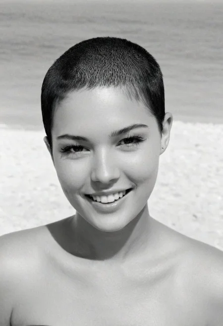 young woman, 18 years old, smirking, half body shot, ((overhead shot)), <lora:A_SHort_Cut_v3_SDXL:1.2>, (very short hair:1.2), (buzz cut:1.2), black hair, face the camera, looking at viewer, monochrome, sharp contrasts, tropical beach backdrop,1968, 60s