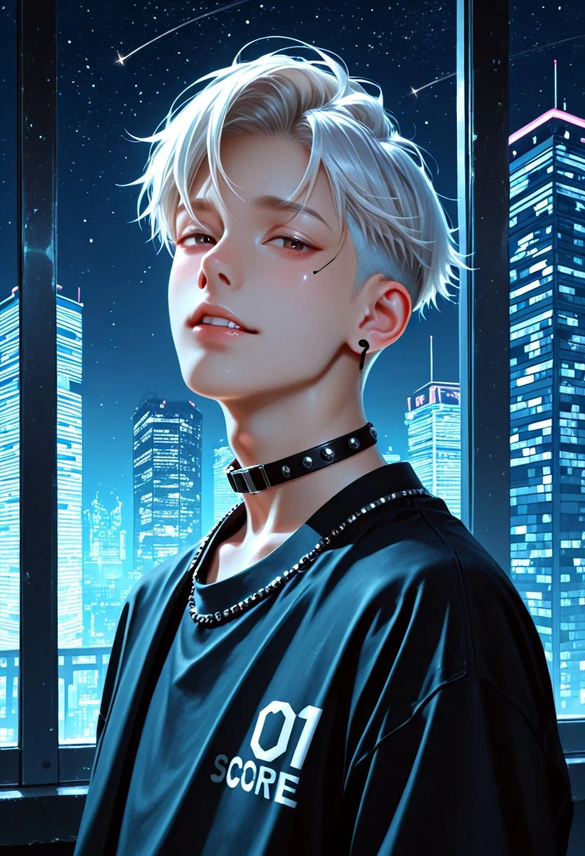 score_9, score_8_up, score_7_up, score_6_up, source_anime, realistic, young man, 1boy, male focus, slim body, rustic, celestial, night time, parted bangs, city, modern attires, white undercut hair, cyberpunk, naughty face, studded, <lora:Expressive_H:0.5> Expressiveh <lora:m03b1us:0.3> m03b1us <lora:kl1mtXLP:0.3> <lora:ph4nt0m01lXLP:0.5> ph4nt0m01l