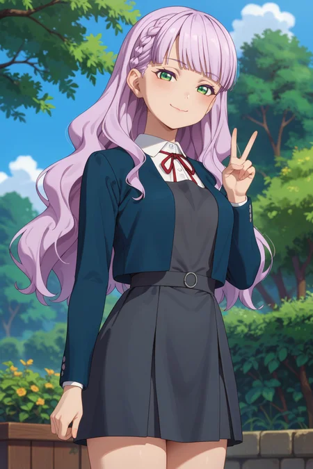 <lora:margarete_izo:0.8>
score_9, score_8_up, score_7_up, 1girl, solo,
margarete, long hair, light purple hair, green eyes, braid,
medium breasts, yuigaoka school uniform, winter uniform, long sleeves open blue jacket, sleeveless grey pinafore dress, red neck ribbon, white collared shirt, thighs,
seductive gaze, bedroom eyes, closed mouth, loving smile, head tilt,
blush, looking at viewer, standing, contrapposto, peace sign, cute pose,
outdoors, blue sky, tree, blurry background,