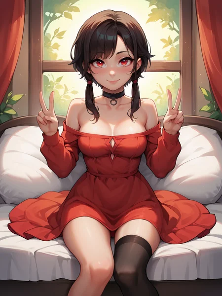 score_9, score_8_up, score_7_up, score_6_up, score_5_up, score_4_up,
uncensored,
1girl, solo, red eyes, dress, thighhighs, single thighhigh, red dress, short hair with long locks, black thighhighs, bare shoulders, looking at viewer, smile, collarbone, sitting, collar, off-shoulder dress, brown hair, off shoulder, long sleeves, short dress, blush, short hair, choker, black hair, closed mouth, sidelocks,
medium breasts, double v,
<lora:DTLDR-2:1> dtldr, Detailed drawing,