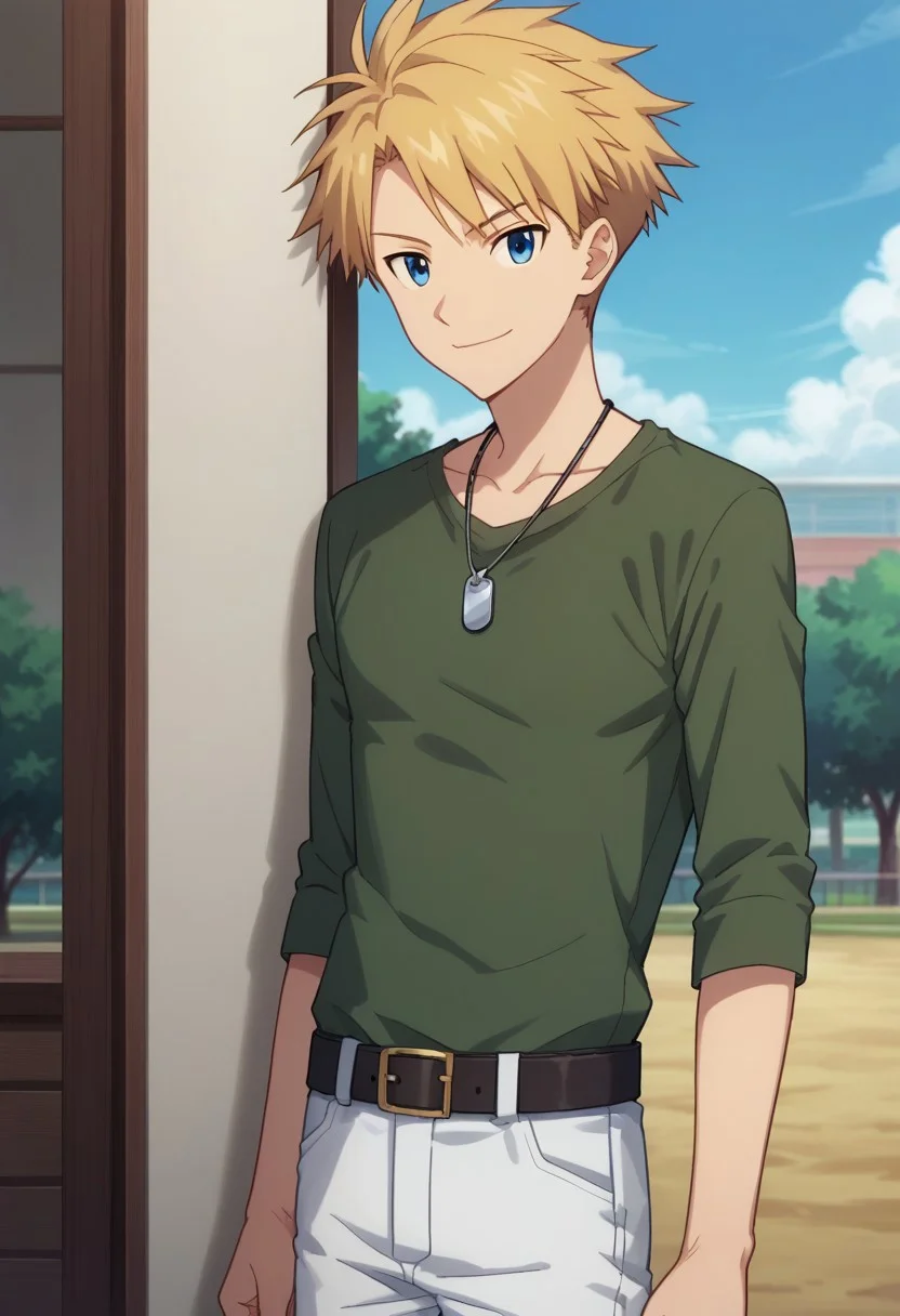 score_9, score_8_up, score_7_up, source_anime, highly detailed, 
yamakizu, 1boy, male focus, solo, blonde hair, pants, blue eyes, green shirt, belt,  shirt, white pants,
dog tags, standing, looking at viewer,  jewelry, smile, upper body
outdoor, sky, tree