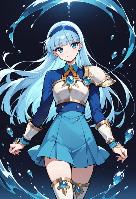 masterpiece, best quality, high quality, anime, solo,
<lora:AEUmiIlx:1>
standing, light smile, straight-on, head tilt, gradient background, blue background, black background, water drop, hydrokinesis,
AEUmiKnight, blue eyes, blue hair, blunt bangs, long hair, blue hairband, white breastplate, single shoulder pad, shoulder armor, blue skirt, thigh armor, white footwear, white thigh boots, zettai ryouiki,