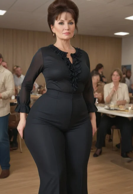 Voluptuous 60 year old woman, brunette, hair bun, huge hips, huge thighs, tight black bellbottom trousers, trousers too tight, trousers bursting at seams, sharp pleats
silk blouse with frills
70s Office party, crowd
Close-up